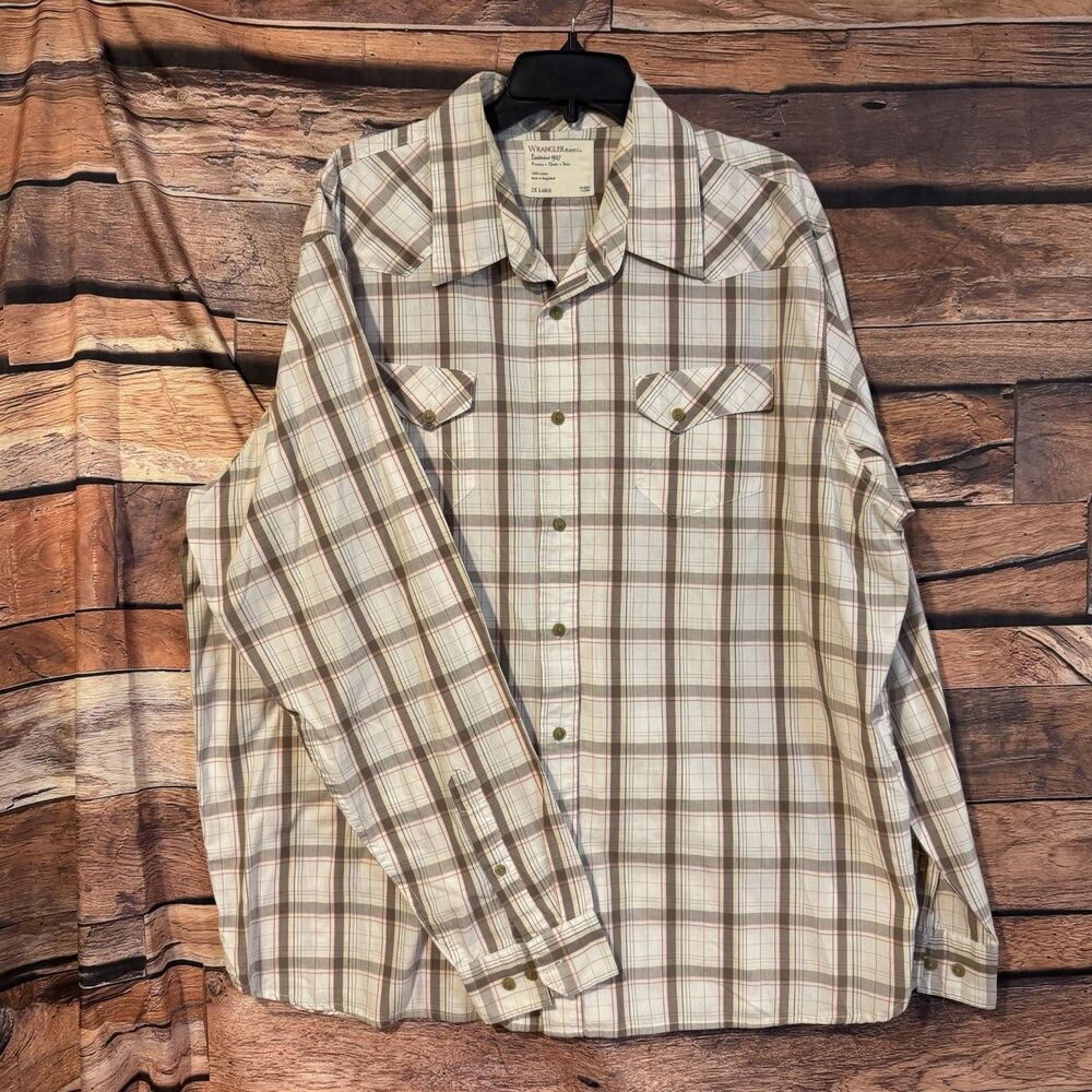 Wrangler Mens Shirt 2X Large Brown Plaid Long Sleeve Button Down Cotton Western